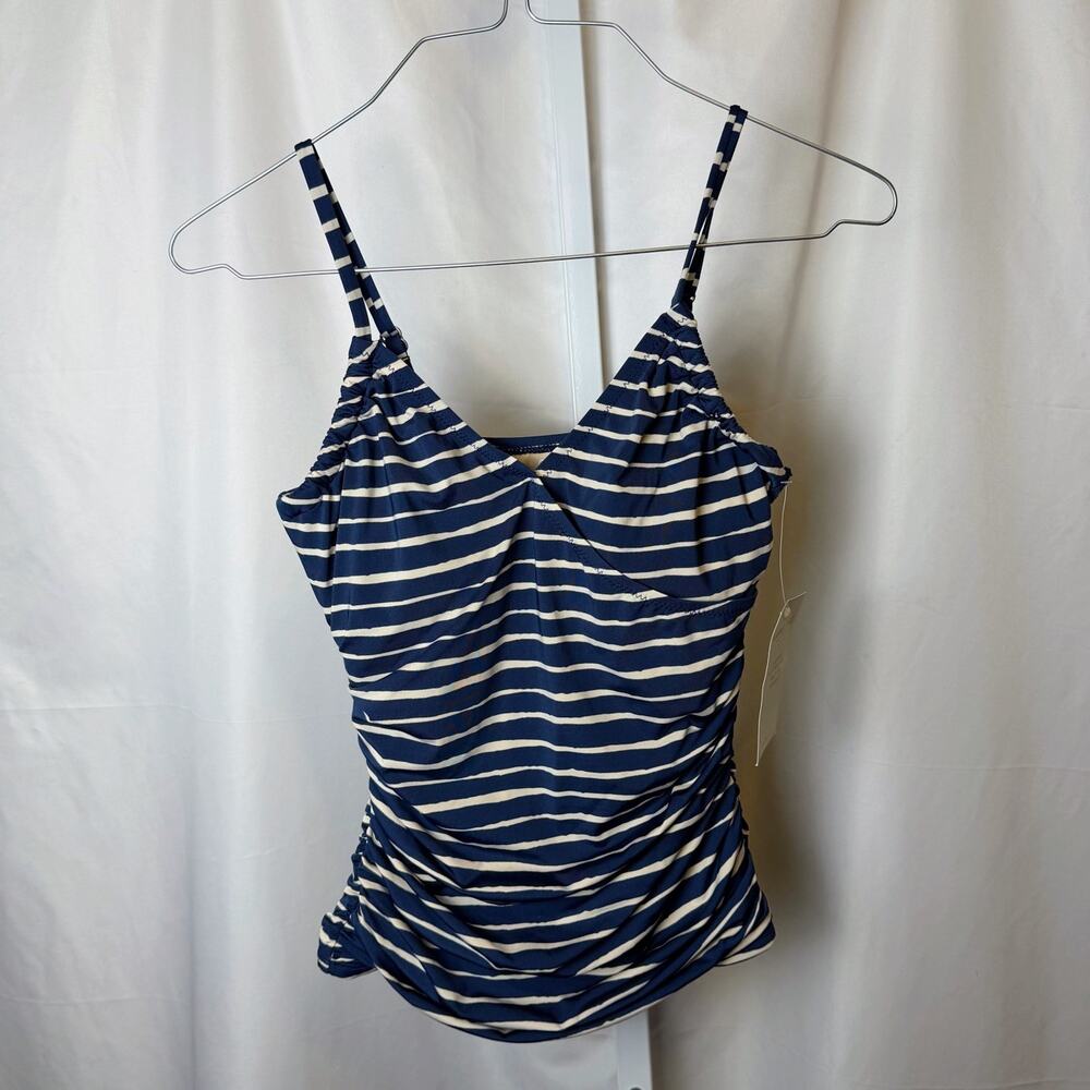 NWT Garnet Hill Ruched Tankini Swim Top Blue White Nautical Stripe Womens 2